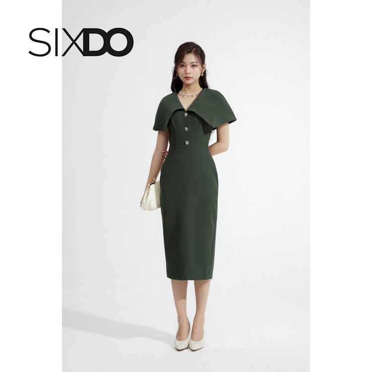 Đầm tuýt xi dáng bút chì cổ V thanh lịch SIXDO (Dark Green Cape Midi Dress)