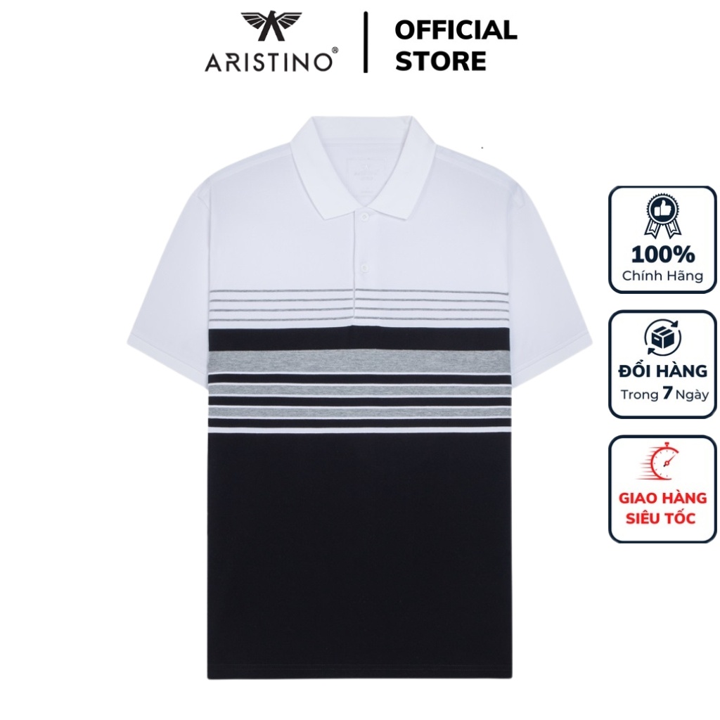 Áo thun polo nam Aristino APS014S3 ngắn tay cổ bẻ dáng suông vừa màu đen 1 kẻ jacquard vải cotton cao cấp