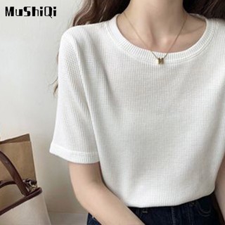 Áo thun MUSHIQI tay ngắn cổ tròn màu sắc đơn giản thời trang cho nữ