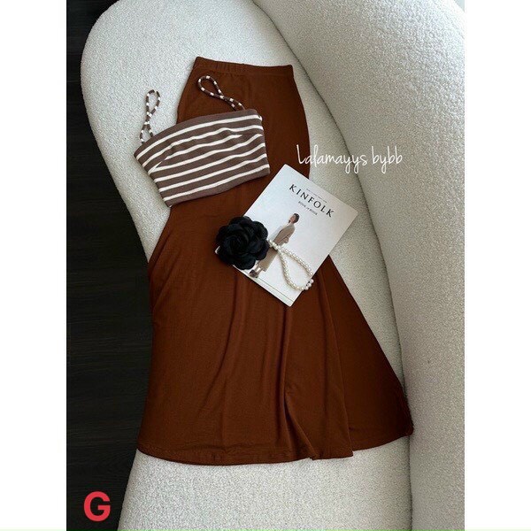 Set bộ nữ chất thun gân 2 món áo 2 dây sọc ngang dáng ngắn croptop mix chân váy đuôi cá xinh xắn