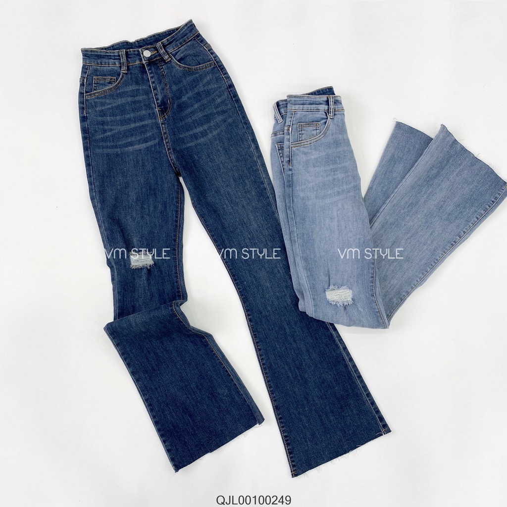 Quần jean ống loe nữ VMSTYLE cạp cao co dãn rách gối lai lua tua basic 2338-2339 - QJL00100