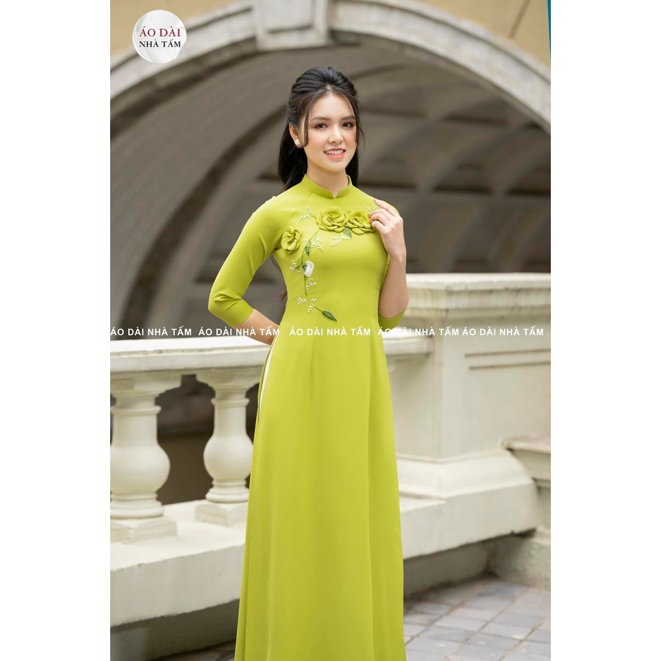 C24- ÁO DÀI TRUYỀN THỐNG MÀU XANH LÁ ĐÍNH HOA NỔI, ÁO DÀI NHÀ TẤM