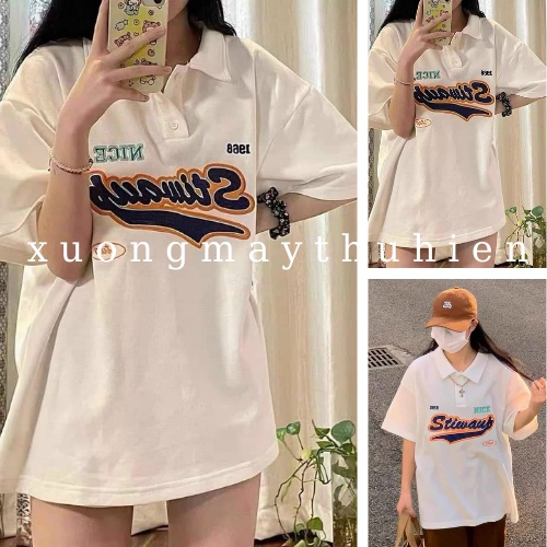 Áo polo tay lỡ in chữ STIW, áo thun cổ bẻ màu trắng basic dễ phối đồ dành cho nam và nữ xuongmaythuhien