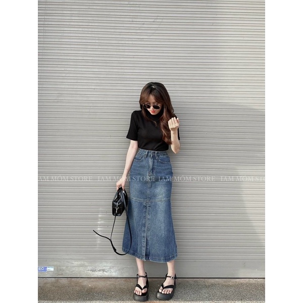 CHÂN VÁY JEAN COTTON DÀI NỐI THÂN XẺ LAI