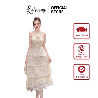 Đầm nữ cổ yếm lecoong v329 váy đi tiệc dáng dài đính trai xếp tầng công chúa