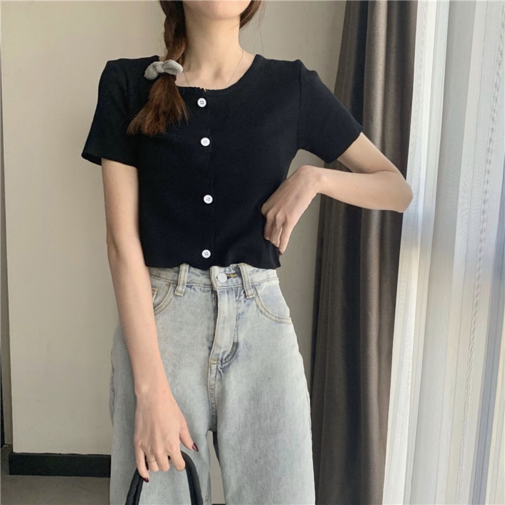 Áo Croptop Body Khóa Cúc Ngắn Tay Madela Dáng Ôm Vải Thun Bozip, Croptop Ngắn Tay Cổ Tròn Phong Cách Hàn Quốc