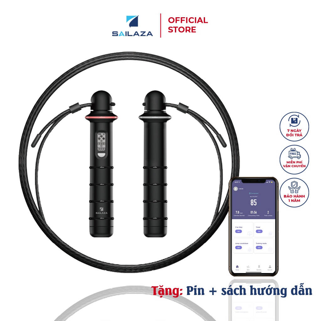 Dây Nhảy Thể Dục Đếm Số Lõi Thép Kết Nối Điện Thoại Chính Hãng Sailaza SR-1211