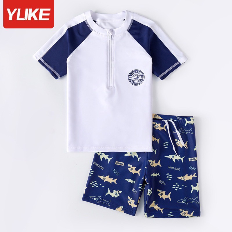 Bộ bơi YUKE áo trắng cộc tay + quần hoạ tiết cá BT size 110-160