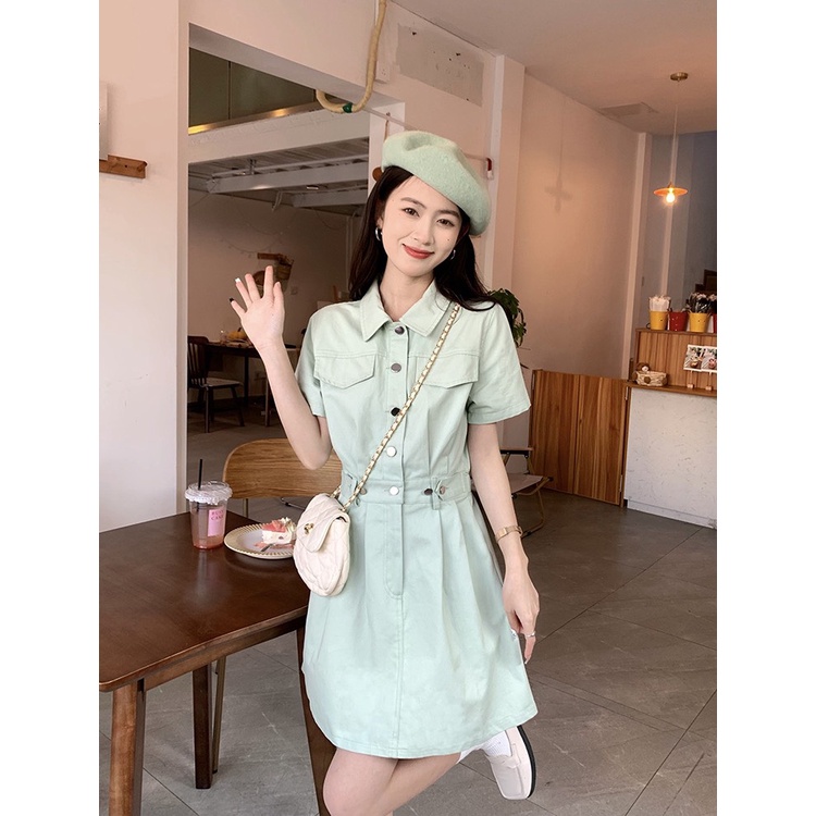 Bộ jumpsuit nữ cổ sơ mi liền váy nữ có lót bảo hộ, Đồ liền thân jump cộc tay ngắn phối khuy kèm túi ngực sang chảnh | BigBuy360 - bigbuy360.vn