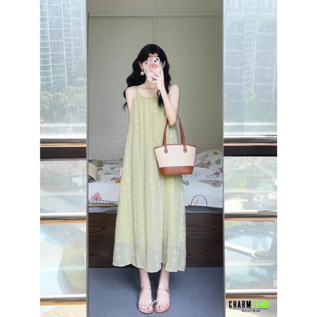 Set Đầm 2 Dây Xanh + Áo Cardigan Trắng