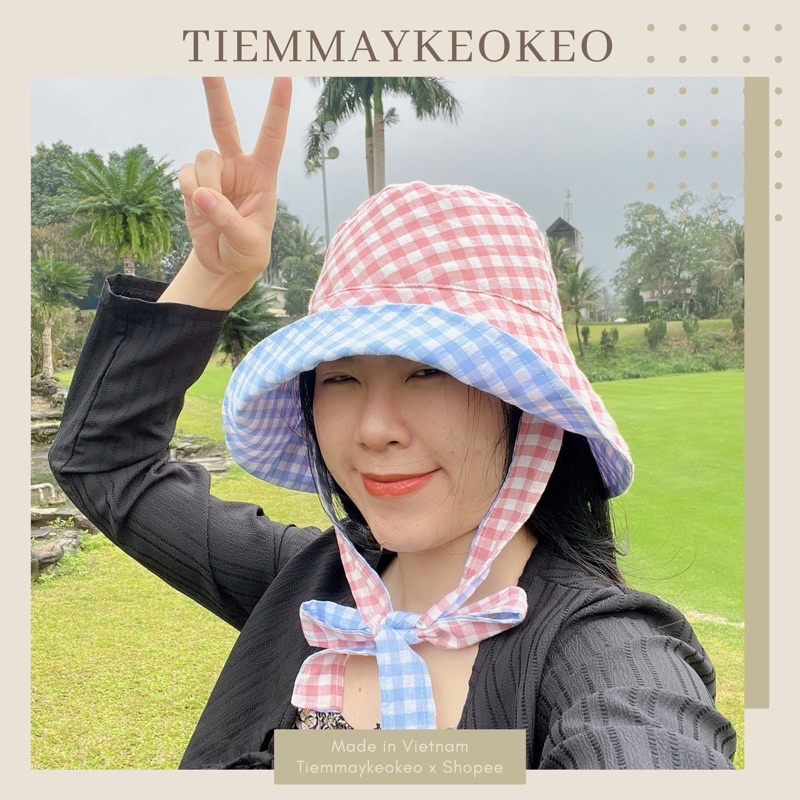 Mũ nón vành rộng thiết kế TIEMMAYKEOKEO mũ bucket vải caro mềm mại hai mặt kèm dây nơ tháo rời cho nữ