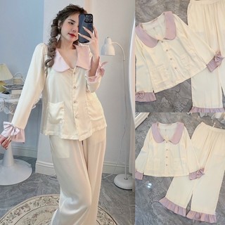 Bộ lụa trơn phối hồng tay nơ quảng châu xinh