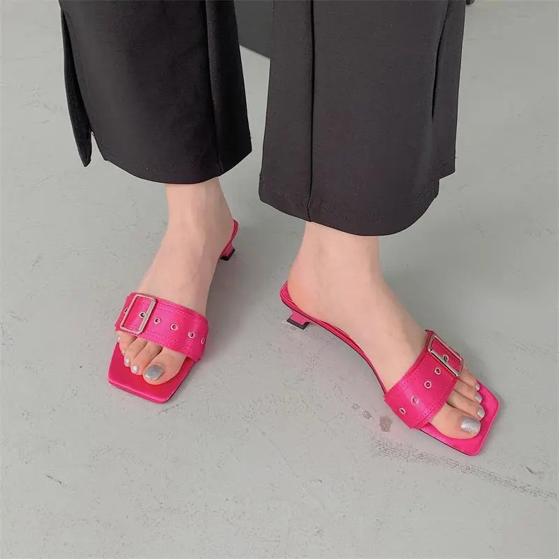 Giày Gót Thấp Hở Ngón Phối Khóa Vuông Thời Trang Cho Nữ