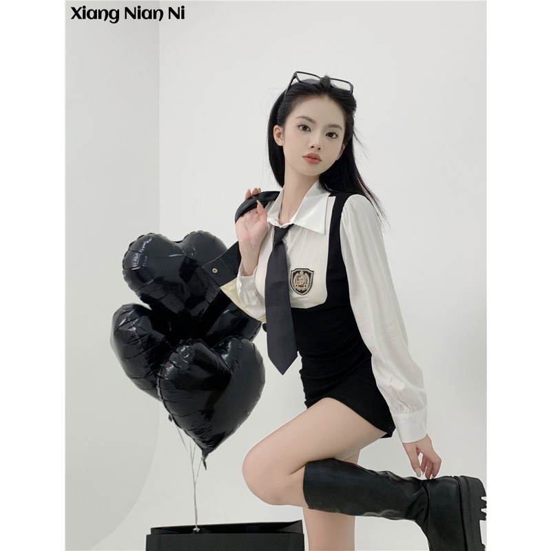 Đầm sơ mi giả hai lớp XIANG NIAN NI tay dài cổ polo dáng ôm thời trang mùa thu dành cho nữ