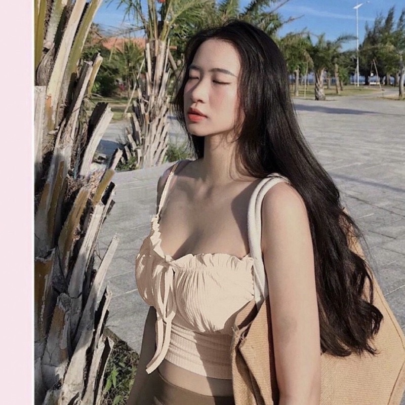 Áo croptop nữ dáng ôm thắt nơ có đệm ngực, áo 2 dây tiểu thư dễ thương