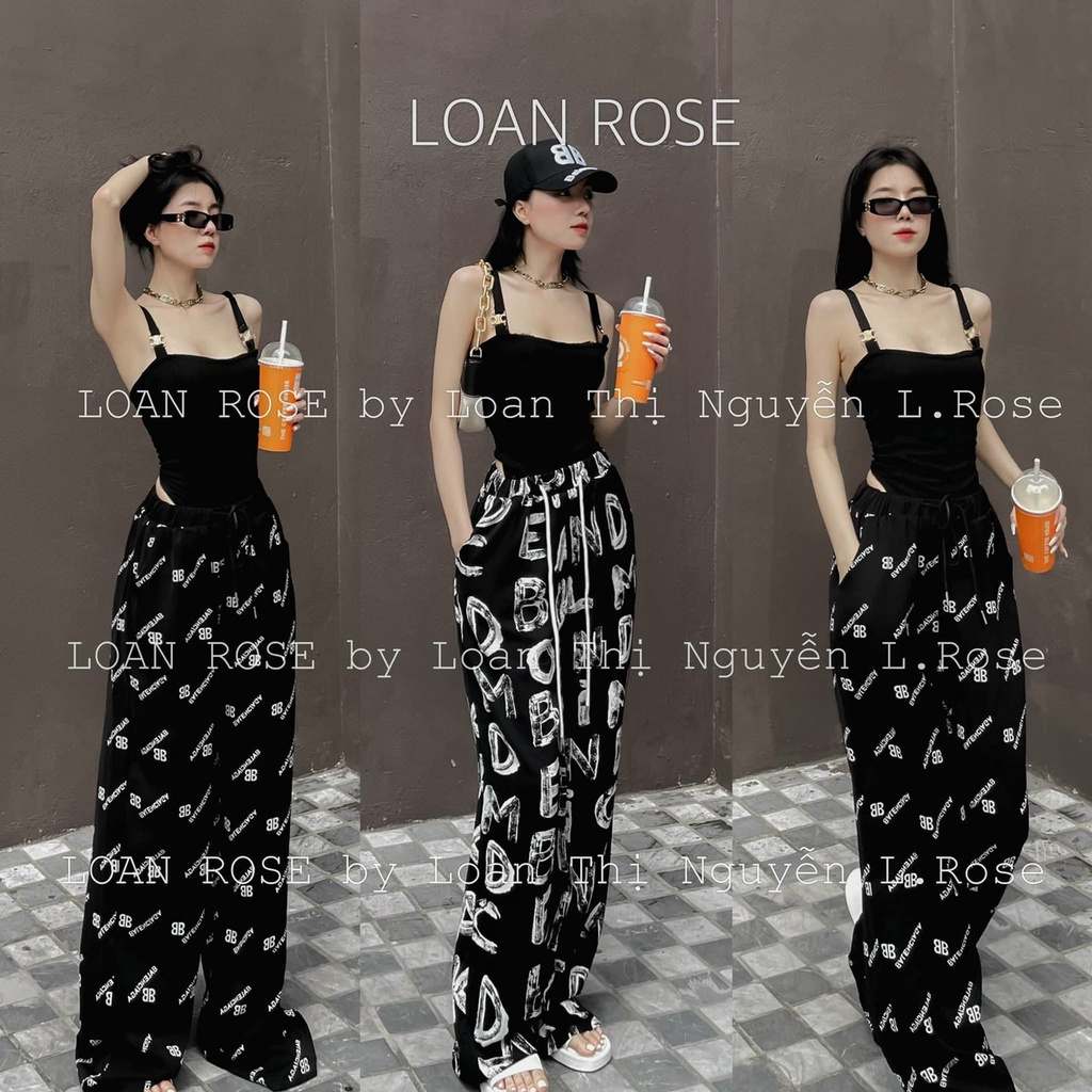 [4.4 Sales Freeship] Set bộ áo đen 2 dây cổ vuông phối quần dài ống rộng in chữ hoạ tiết đi chơi, dạo phố siêu chất mtb