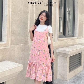 Đầm hoa 2 dây nhật vy chất mango không kèm áo đi chơi dáng suông phối đuôi cá màu xanh, hồng - d1830