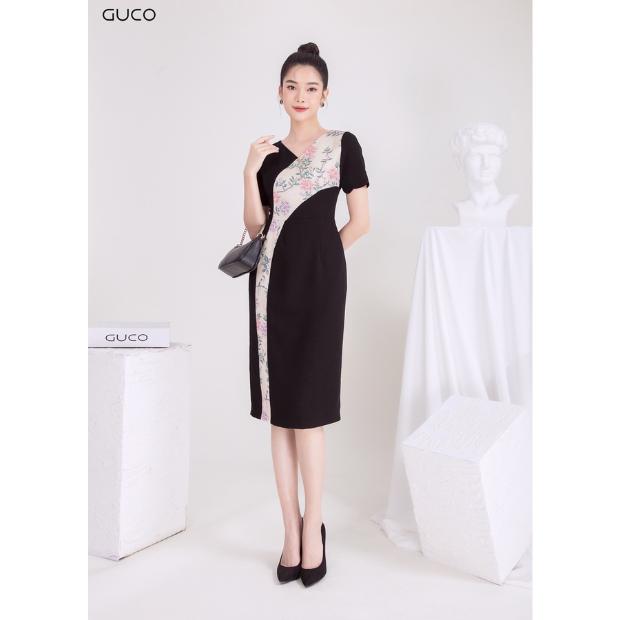 Đầm dáng suông cổ tròn phối hoa 3934 GUCO Đen
