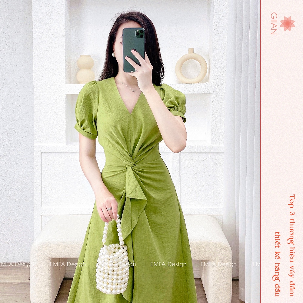 Váy đũi đi biển dáng dài phối tay bồng cổ v thiết đan eo xẻ tà chính hãng Giian - GV2243X