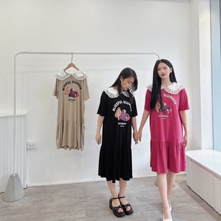 Váy phông phối cổ viền ren, váy phông đuôi cá in hình phối cổ ren