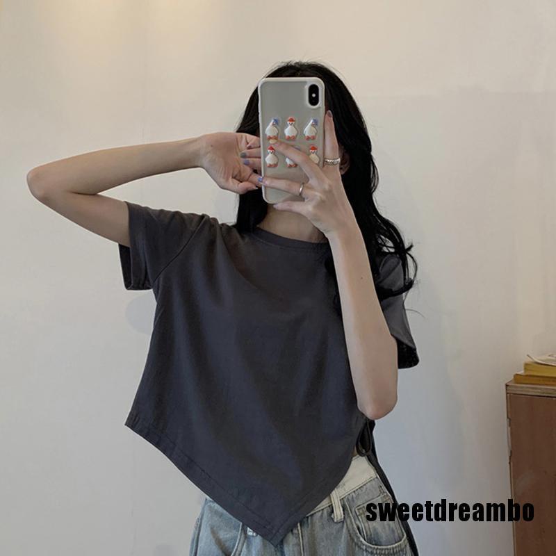 Áo thun croptop nữ tay ngắn cổ tròn màu trơn phối dây rút thời trang mùa hè