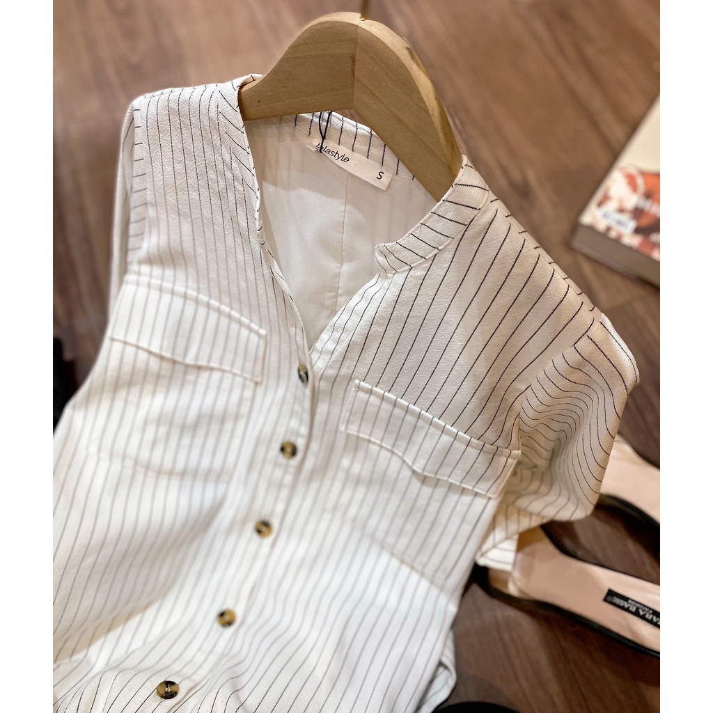 Đầm sơ mi linen kẻ Lalastyle