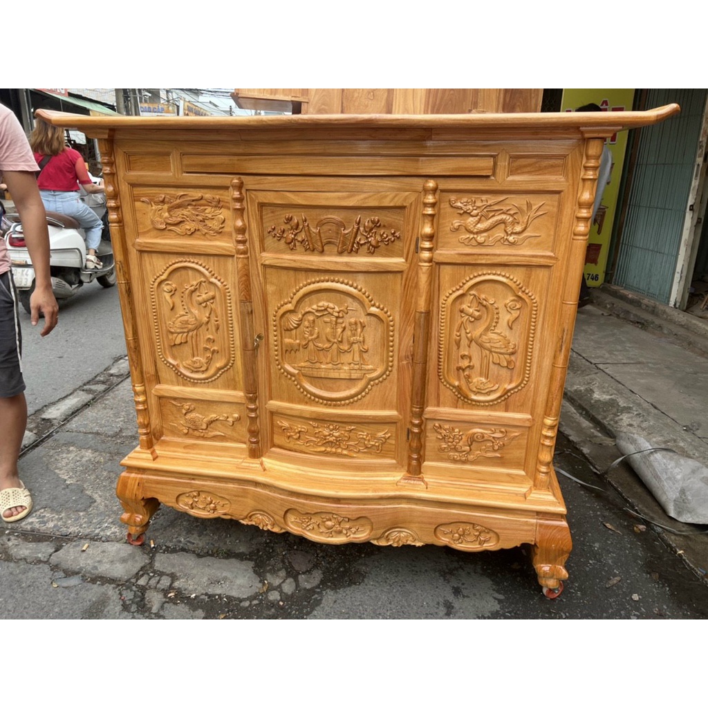 Tủ thờ gỗ gõ 1m27,tủ thờ gia tiên Phúc Lộc Thọ ( FREESHIP 60 KM )