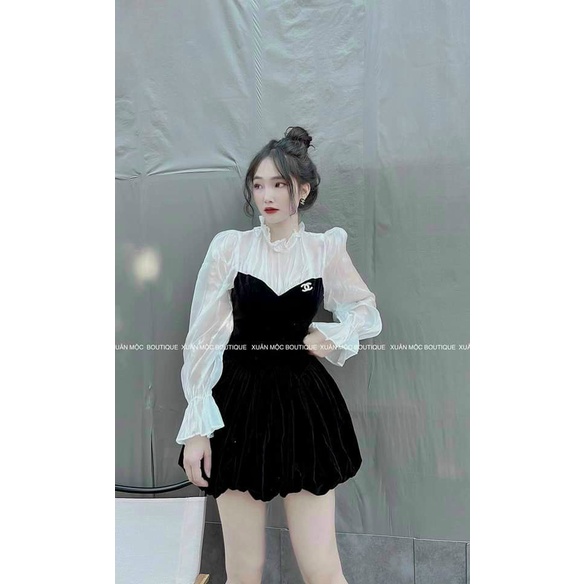 Đầm váy nữ nhung dáng xòe phối voan tay dài thời trang nữ năng động trẻ trung duyên dáng