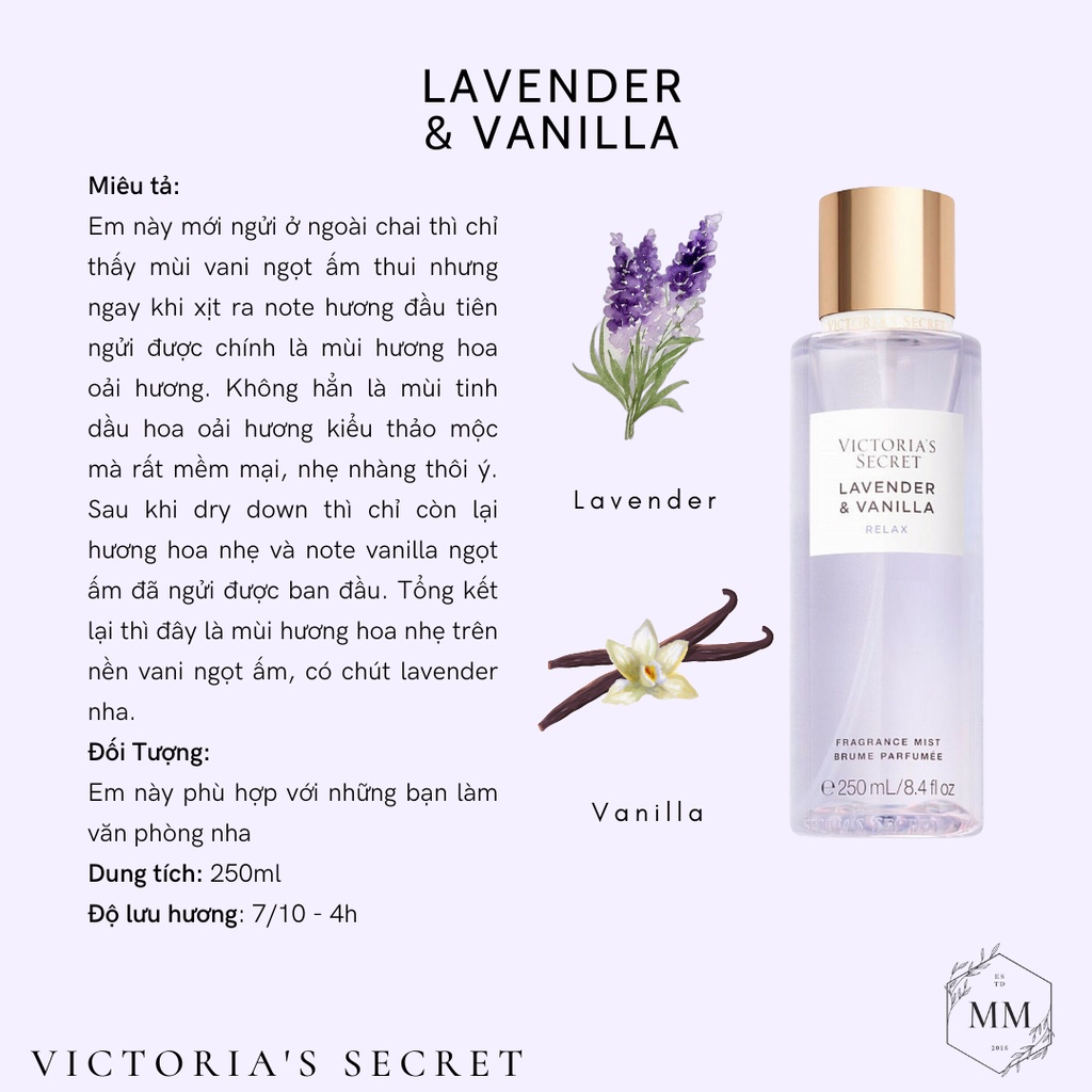 - Bộ sản phẩm Xịt Thơm Toàn Thân Victoria’s Secret Body Mist Dưỡng Thể dòng Natural mùi Lavender Vanilla