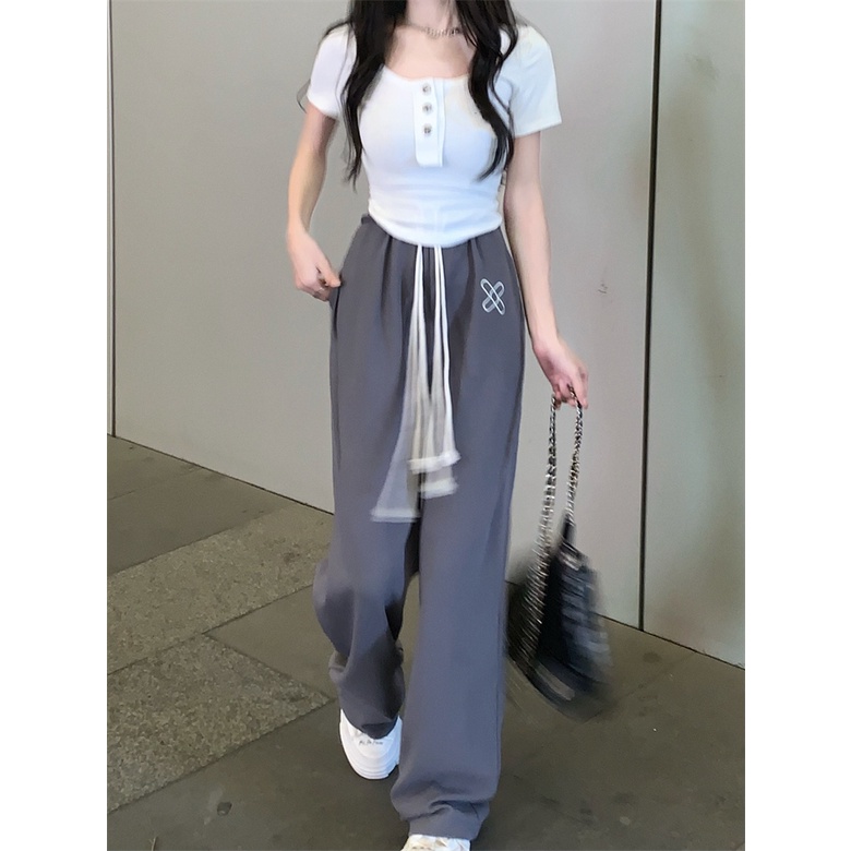 Áo Thun Ngắn Tay + Quần Dài Lưng Cao Thêu Chữ Thời Trang Nữ