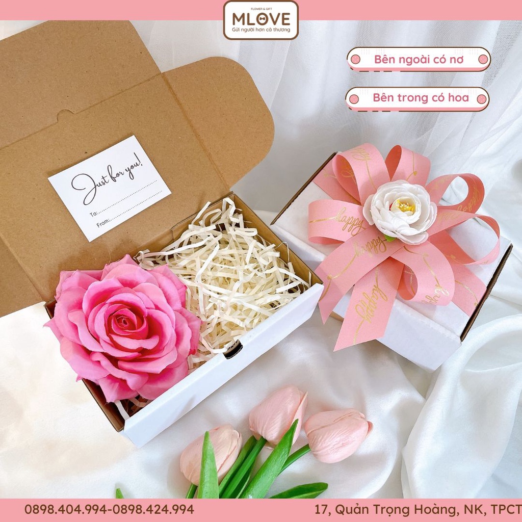 (Siêu đẹp) Hộp đựng quà tặng kèm hoa lụa - Hộp đựng quà kraft nhiều màu sắc - Hộp quà tặng sinh nhật kèm rơm lót