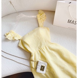 Váy midi sọc vàng cut out nơ lưng (Freesize)