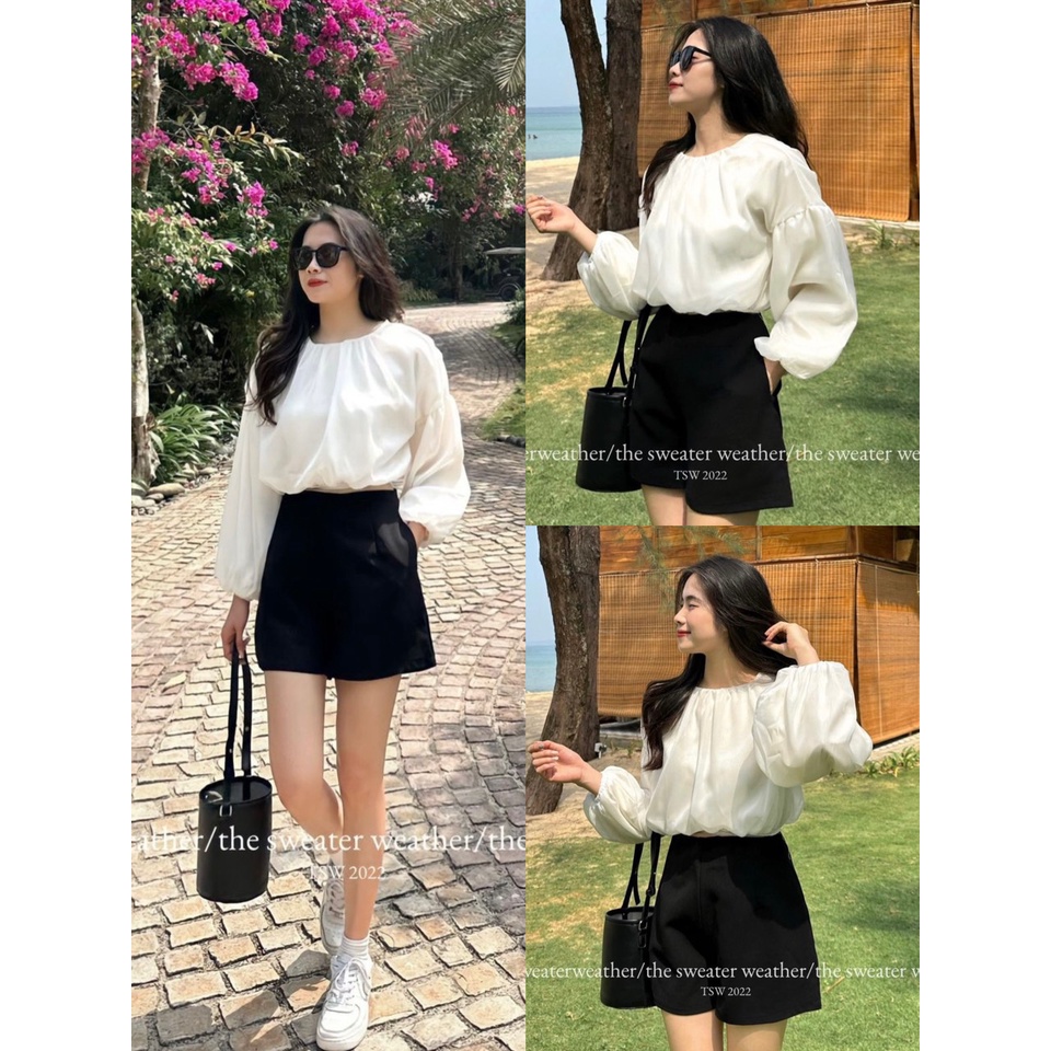 Áo voan tơ tay bồng croptop 2 lớp Hàn Quốc 2023 Dorita Boutique