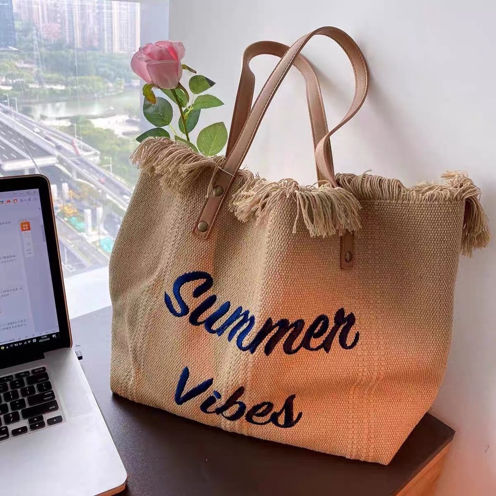 Túi tote Summer Vibes Vải Canvas Quai Da Size To Đi Biển | BigBuy360 - bigbuy360.vn