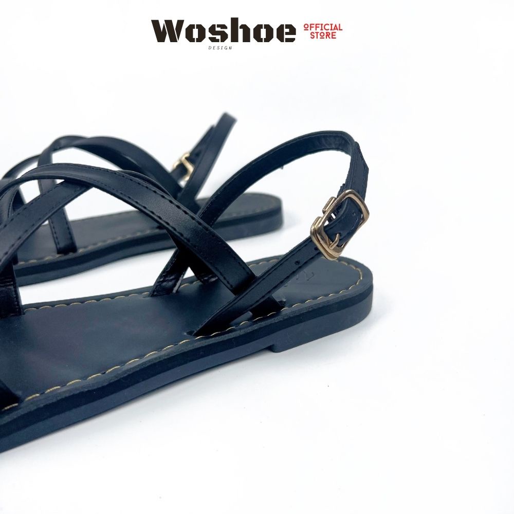 Giày sandal nữ quai chéo WOSHOE full đen đế bệt cao cấp hàn quốc bigsize 34-42