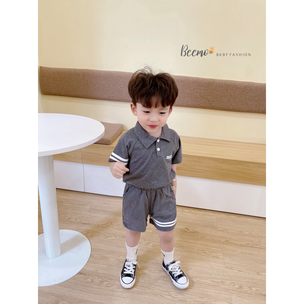 Set bộ quần áo Beemo cổ đức kẻ tay in chữ trước ngực chất liệu cotton mặc hè đi học, đi chơi cho bé 1 - 7 tuổi 22386B