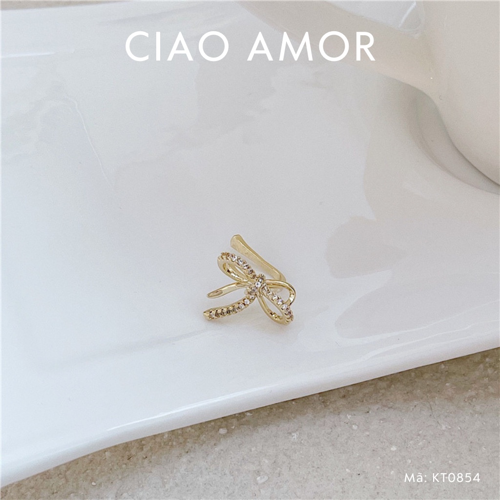 Khuyên tai nữ, Bông tai kẹp vành nơ đá ngắn Trang sức Ciao Amor - KT0854