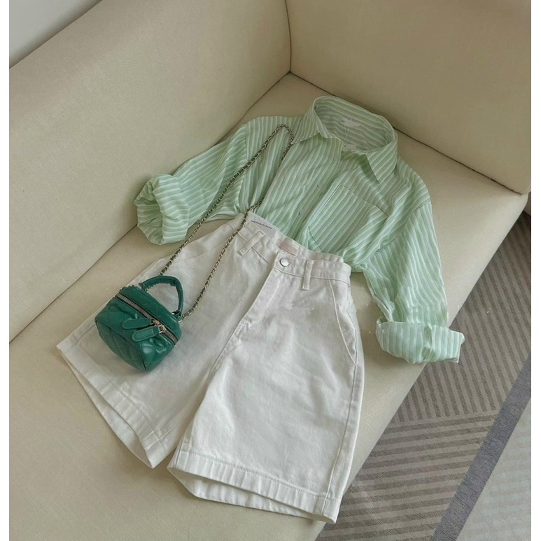 Set Áo Sơ Mi Kẻ Xanh + Quần Short
