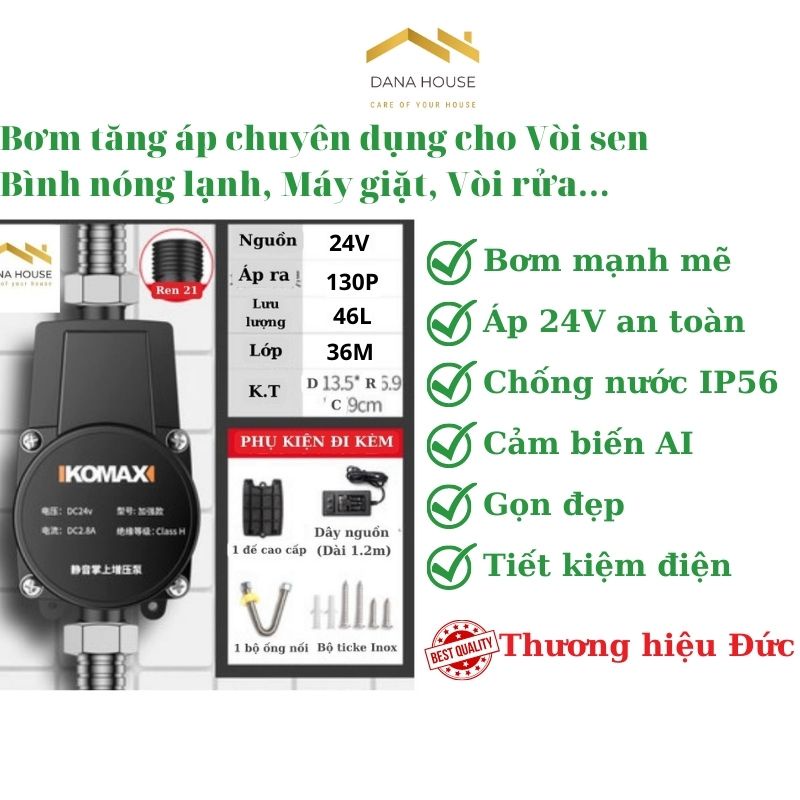 Máy Bơm Tăng Áp Mini Bình Nóng Lạnh, Máy Giặt, Vòi Sen, Vòi Rửa... Bơm Mạnh Mẽ, Nguồn 24V An Toàn, Chống Nước, Chống Ồn