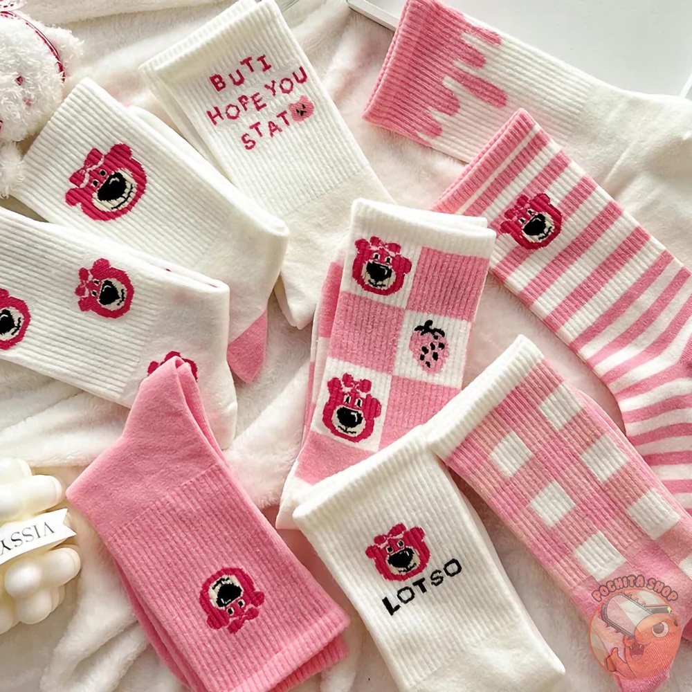 Tất Cổ Cao In Họa Tiết Gấu Dâu Tây Lotso Bear Hoạt Hình Disney Màu Hồng Dễ Thương, Vớ Nữ Cotton Dài Phong Cách Nhật Bản