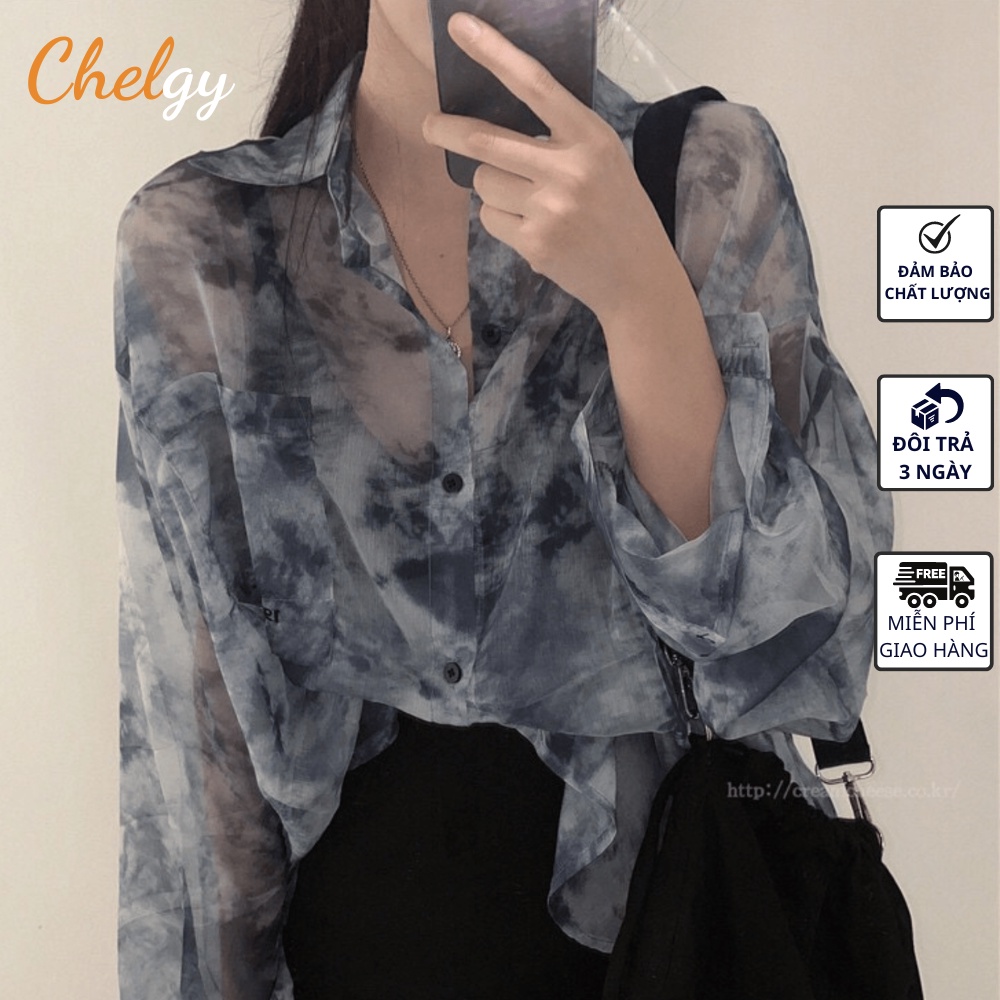 Áo sơ mi nữ Chelgy form rộng thiết kế tay bồng họa tiết loang xanh vải voan mỏng dáng dài tay chống nhăn retro CG-SM02