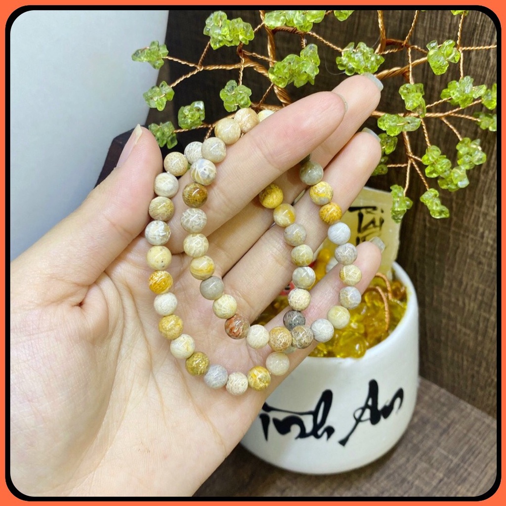 Vòng tay Phong Thủy hạt đá San Hô vân hoa trắng chuẩn thiên nhiên Tặng kèm hộp đựng - Hợp tất cả các mệnh