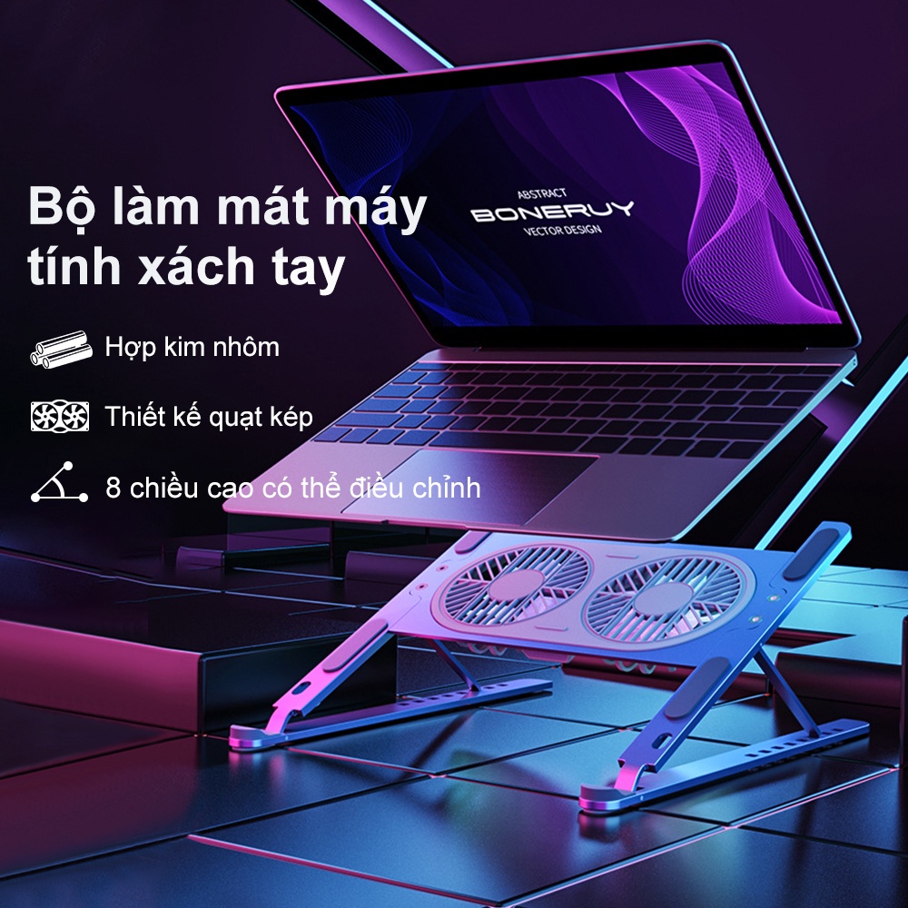 Giá Đỡ LAPTOP, Nhôm Gấp Gọn Đế Tản Nhiệt Máy Tính 11-17 inch 2 Quạt LED Chạy Mạnh Êm Để Bàn Cao Cấp