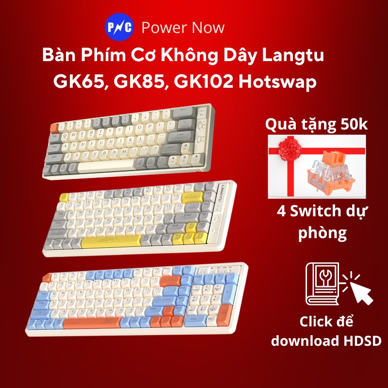 Bàn Phím Cơ Không Dây Hotswap Langtu, Led Rainbow 3 Chế Độ Bluetooth 5.0/2.4G - có USB Reiceiver/ Type C, Golden Switch
