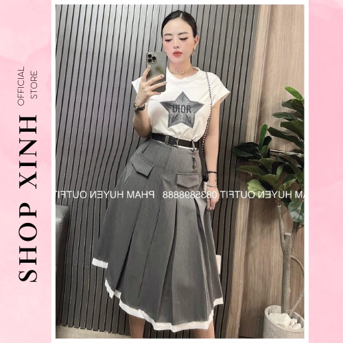 Set Áo Phông Dior Ngôi Sao Tay Hến Mix Chân Váy Midi Xám Túi Nắp Viền Trắng Chất Liệu Cotton + Tuyết Mưa HT675