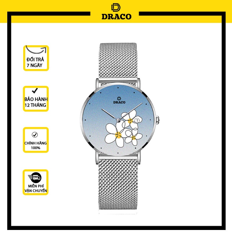 Đồng hồ nữ Draco D22-STN01 "Flower Garden" xanh kết hợp chất liệu dây lưới màu bạc-phụ kiện thời trang nữ nhẹ nhàng tinh