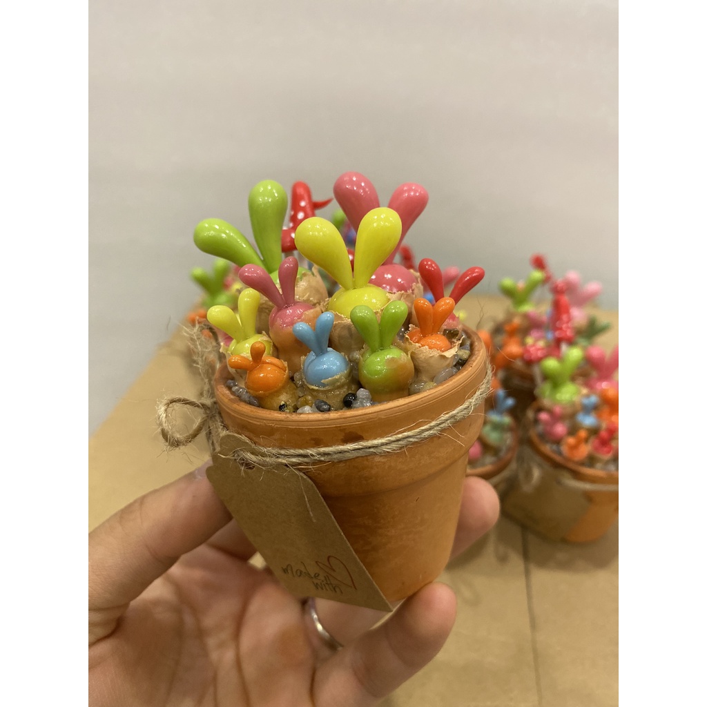 Chậu sen đá tai thỏ từ đất sét, Cây giả, Kèm hộp quà