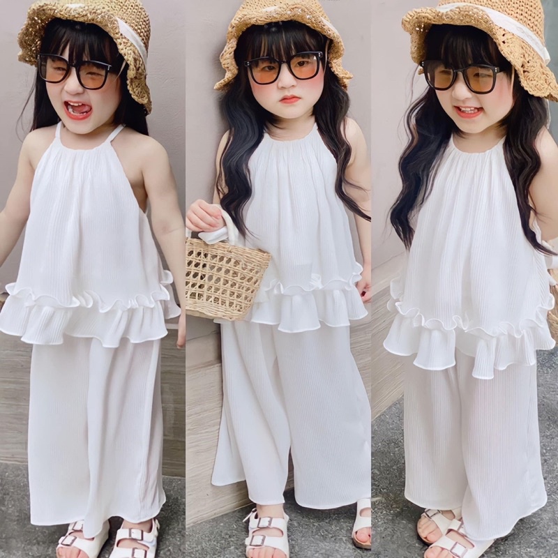 Set áo viền bèo + quần dập ly cho bé gái