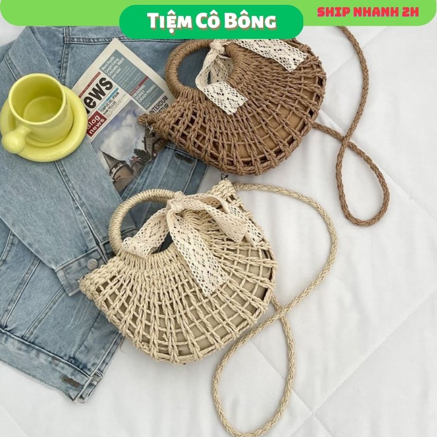 Túi cói bán nguyệt thắt nơ ren