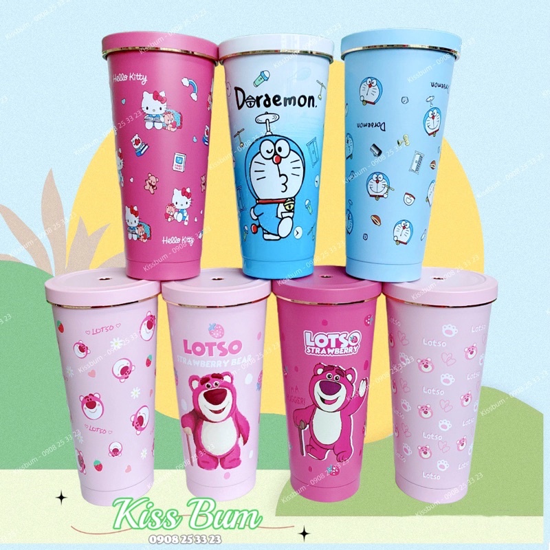 Ly cốc bình giữ nhiệt 750ml tặng ống hút, cọ rửa, túi đựng gấu dâu LOTSO, HelloKitty, Doremon